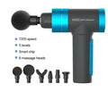 Grey electric percussion muscle massage gun with ergonomic handle, touch screen, and three massage heads on display