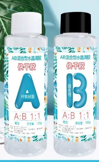 Quick curing clear AB epoxy resin bottles for DIY jewellery and craft projects.