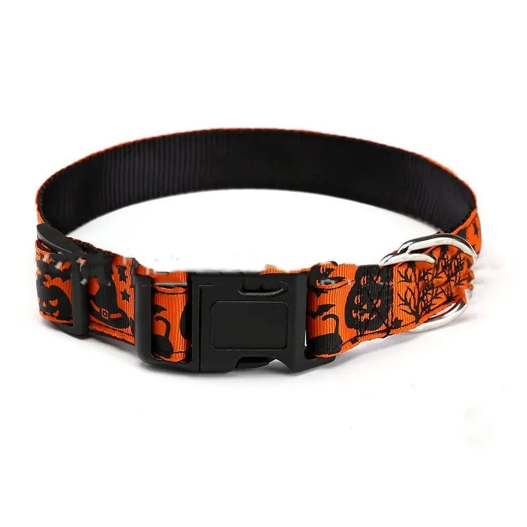 Halloween nylon pet collar with pumpkin hat design on a white background, adjustable size for cats and dogs.