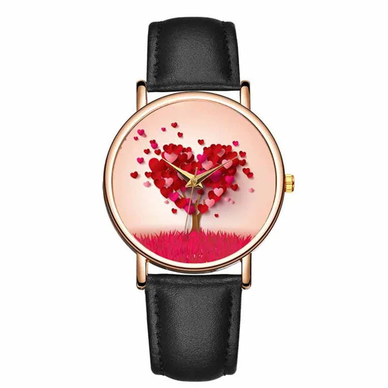 Love Tree casual quartz watch with leather strap, round 38mm dial, and pin buckle in black colour