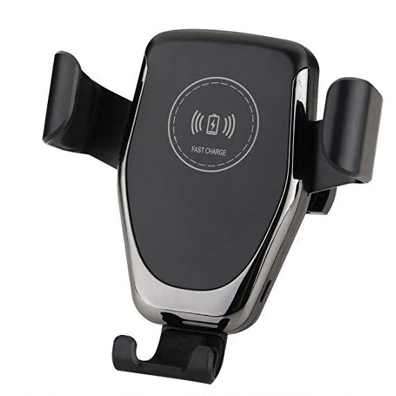 Black car wireless charger with automatic arms, mounted on a car air vent, charging an iPhone.