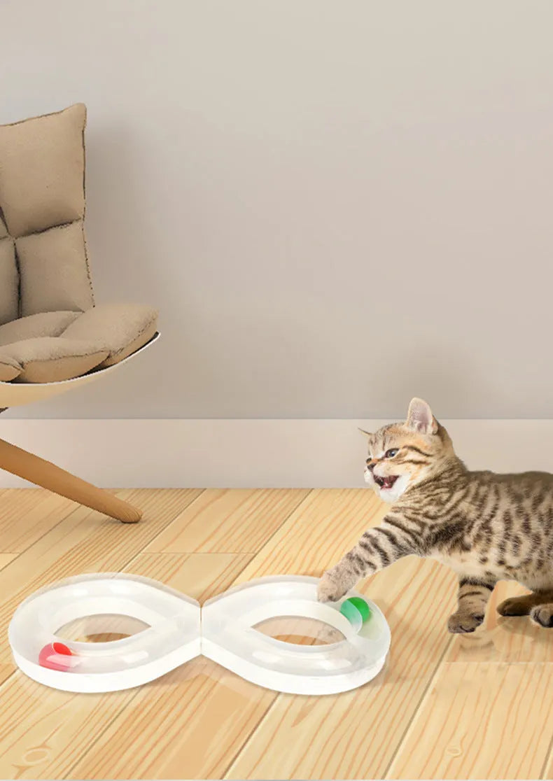Cat toy turntable with interactive track ball dish in white and blue, size 50x24x5.5cm