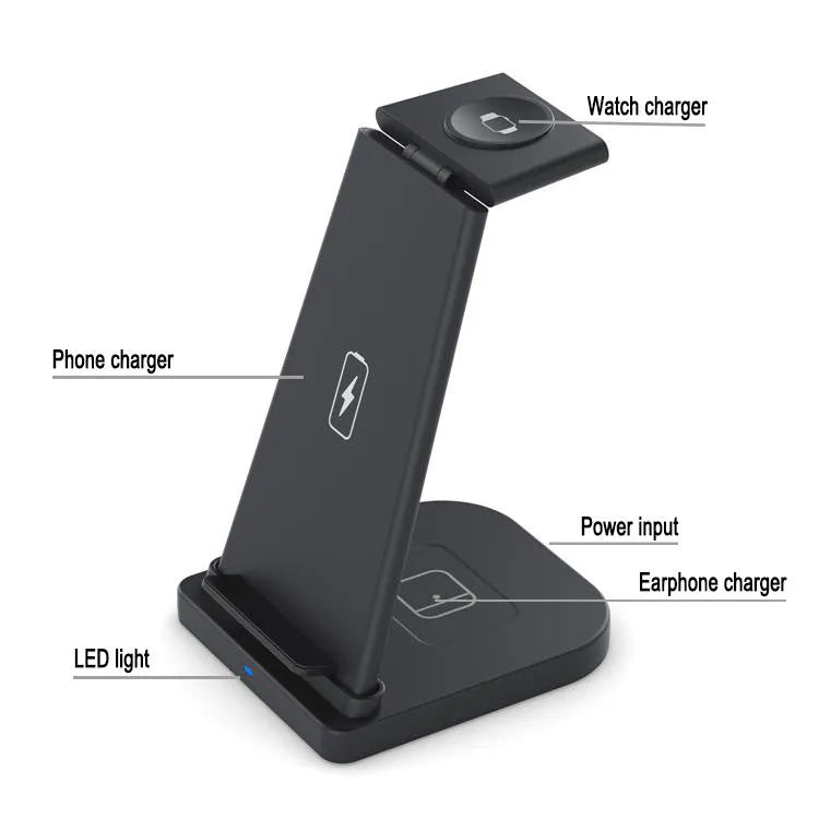 Black foldable 3-in-1 wireless charger showing phone, headphones, and watch charging simultaneously
