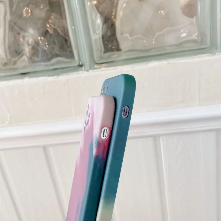 Abstract oil painting gradient geometric soft silicone phone case for Apple iPhone in blue, green, pink, or purple