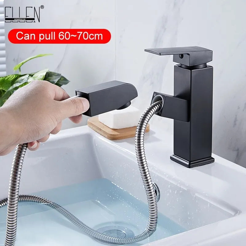 Square pull-action faucet in brushed gold finish for kitchen or bathroom sink.