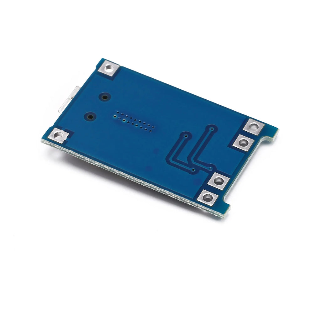 Small blue lithium battery charging and protection circuit board with labelled solder pads.