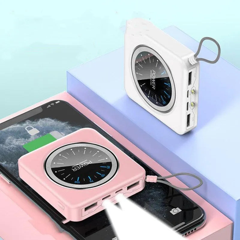 Slim mint green alloy power bank with digital clock display showing time and dual USB ports
