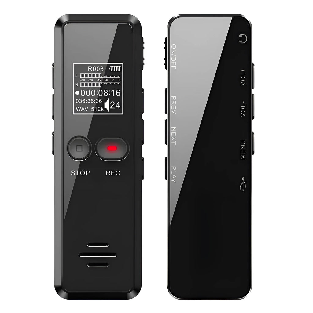 Black zinc alloy U disk voice recorder and MP3 player showing LCD screen and USB connector.