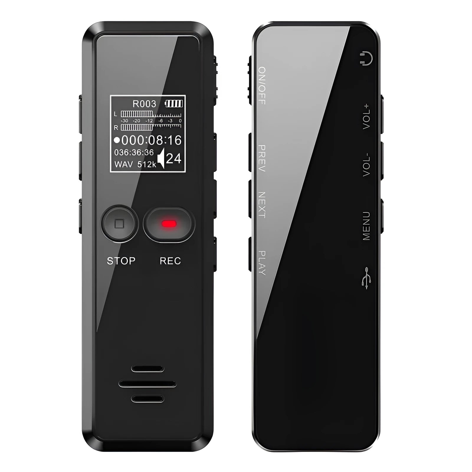 Black zinc alloy U disk voice recorder and MP3 player showing LCD screen and USB connector.