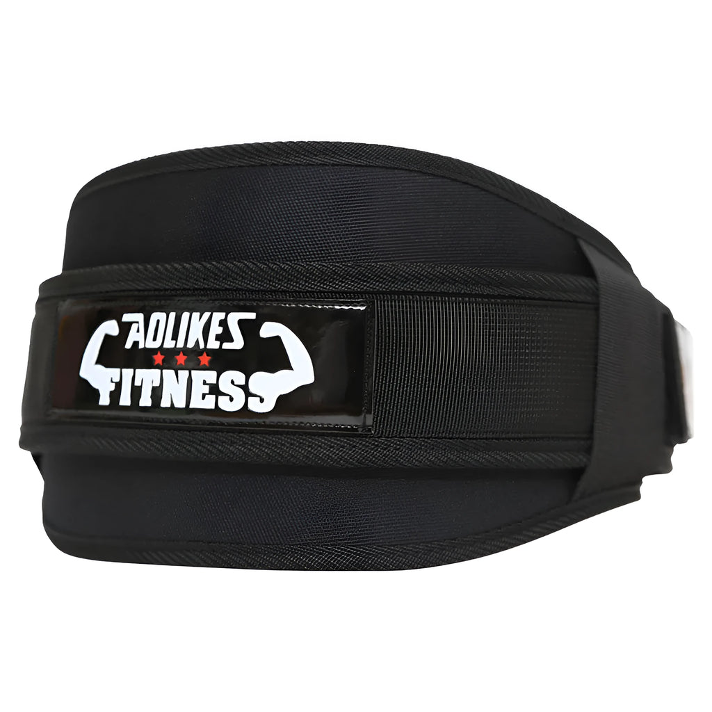 Nylon weightlifting squat belt protector in black, red, or yellow, sizes M L XL, for lumbar support during squats.
