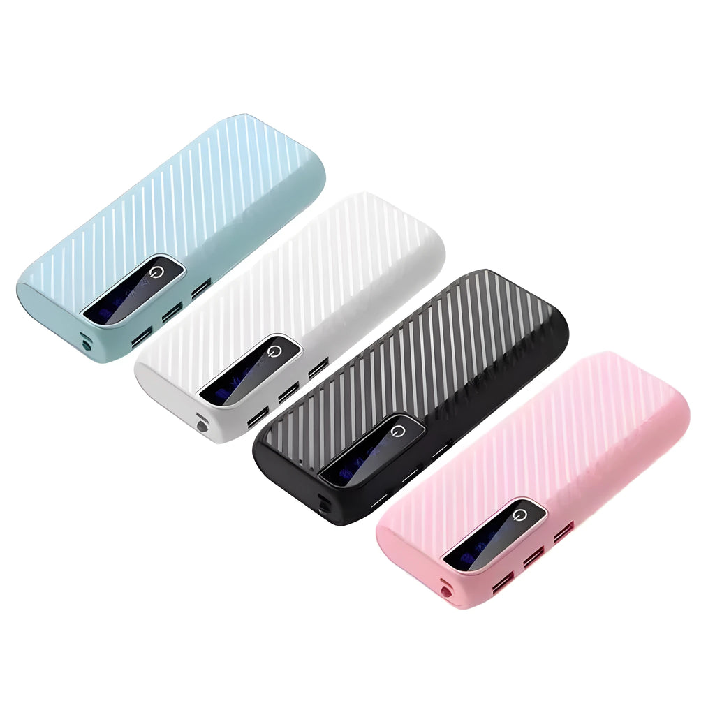 20000mAh portable mini power bank in black showing dual USB output ports and compact size