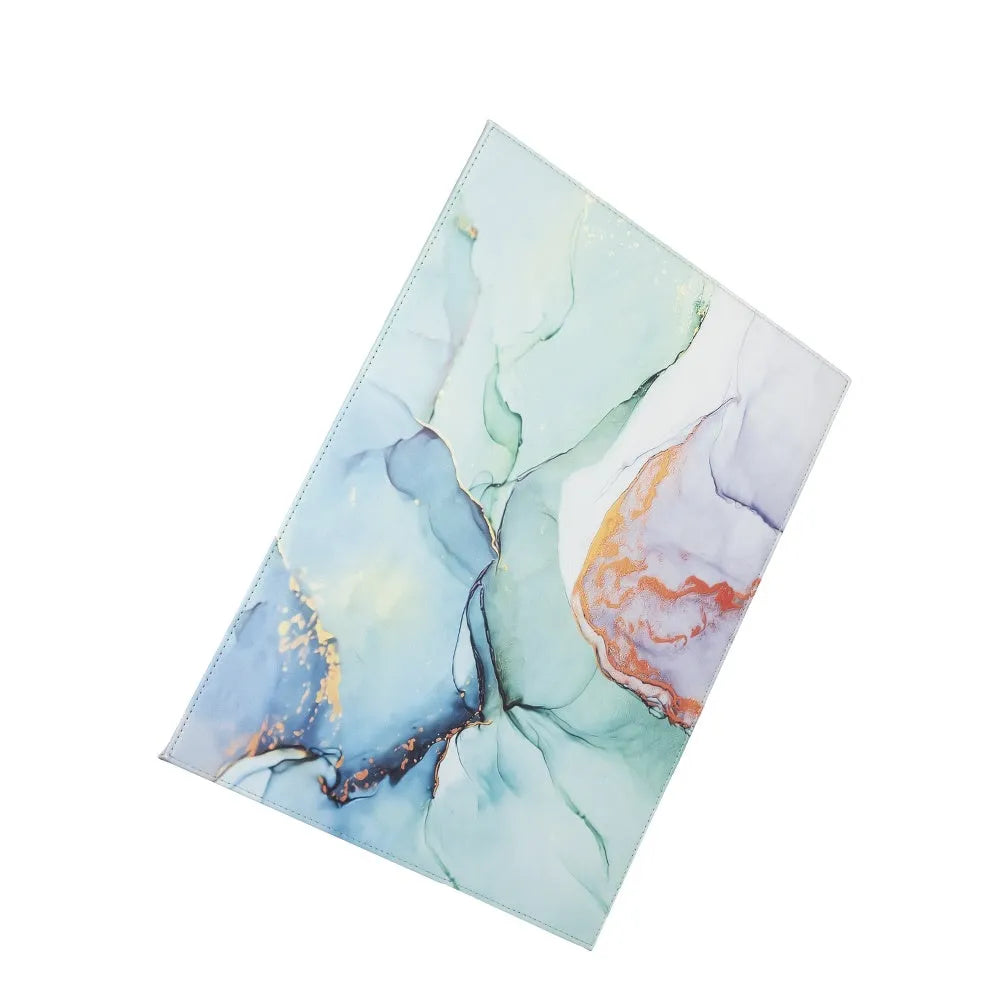 Durable heat-insulating tablet pad with anti-radiation printing in black, blue, green, and black gold colours.