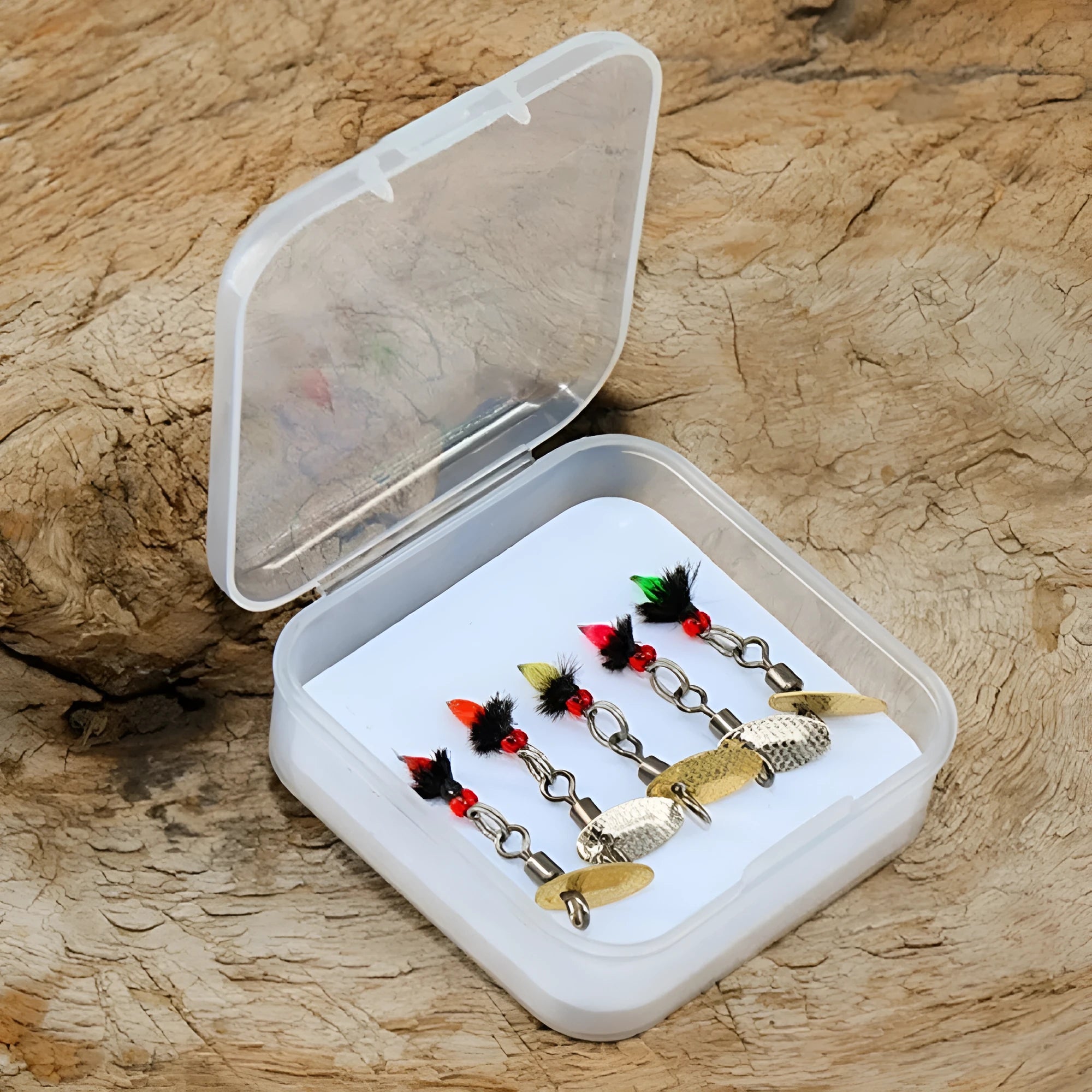 Five bionic poison mosquito fishing hooks with spinning sequins in multicolour patterns