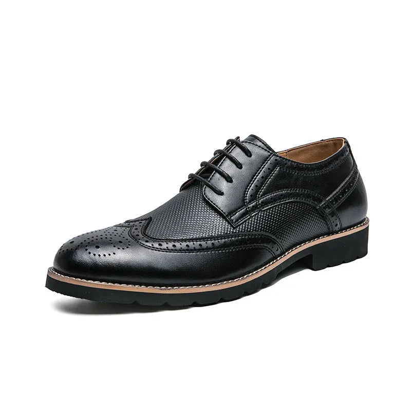 Men's black leather business formal pumps low top round toe PU sole with sewing line detail on side view