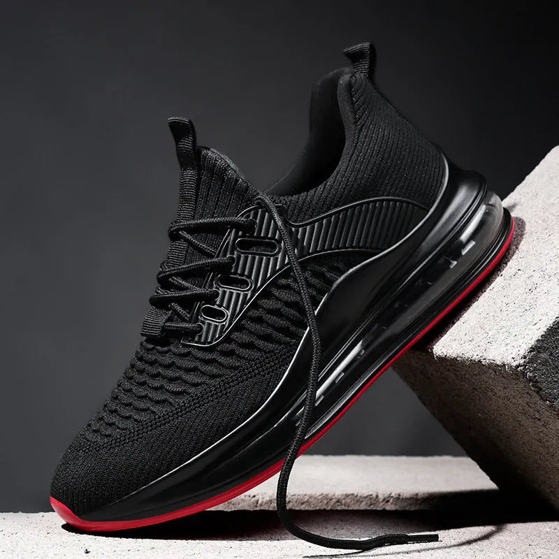 Men's black mesh running shoes with platform heel and rubber sole