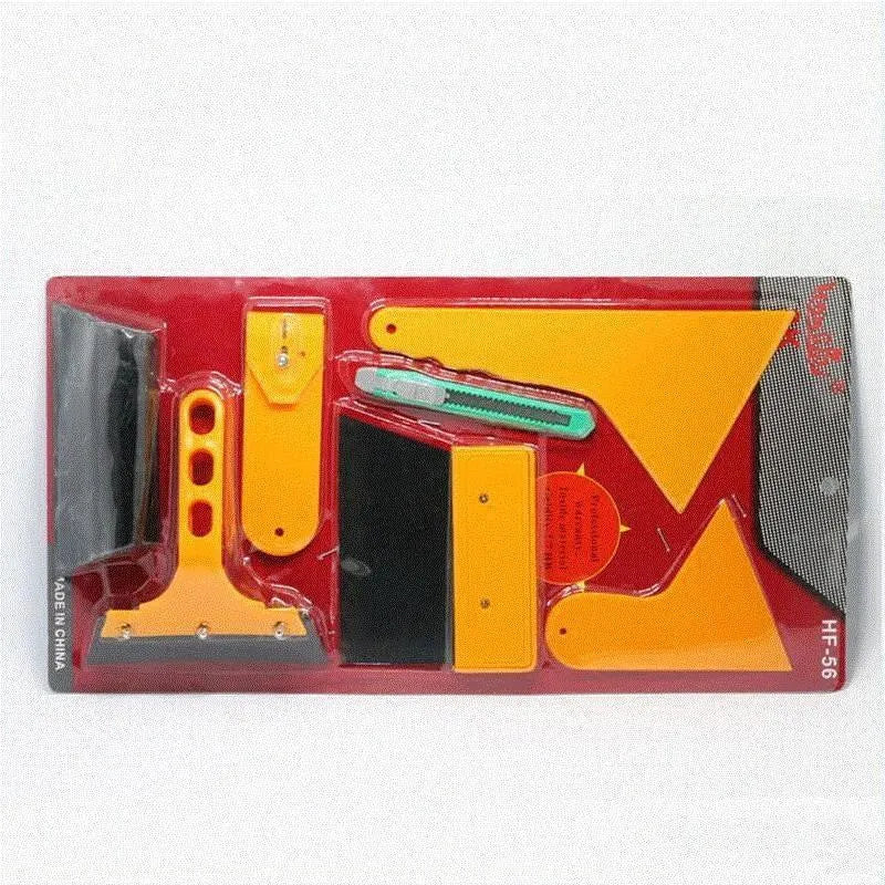 Seven-piece car film application tool set with scrapers, knives, and a pressing block.