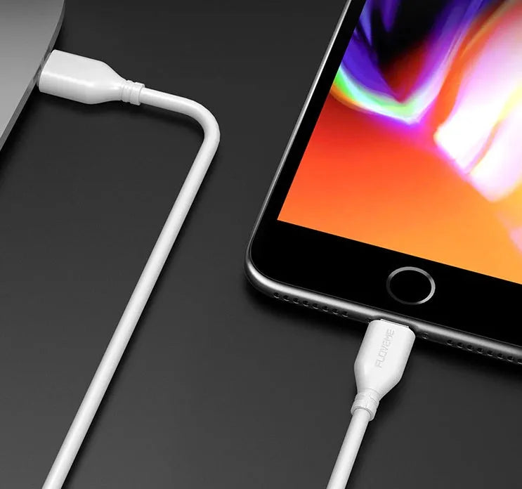White USB-C to Lightning charging cable with braided exterior measuring 1.2 metres