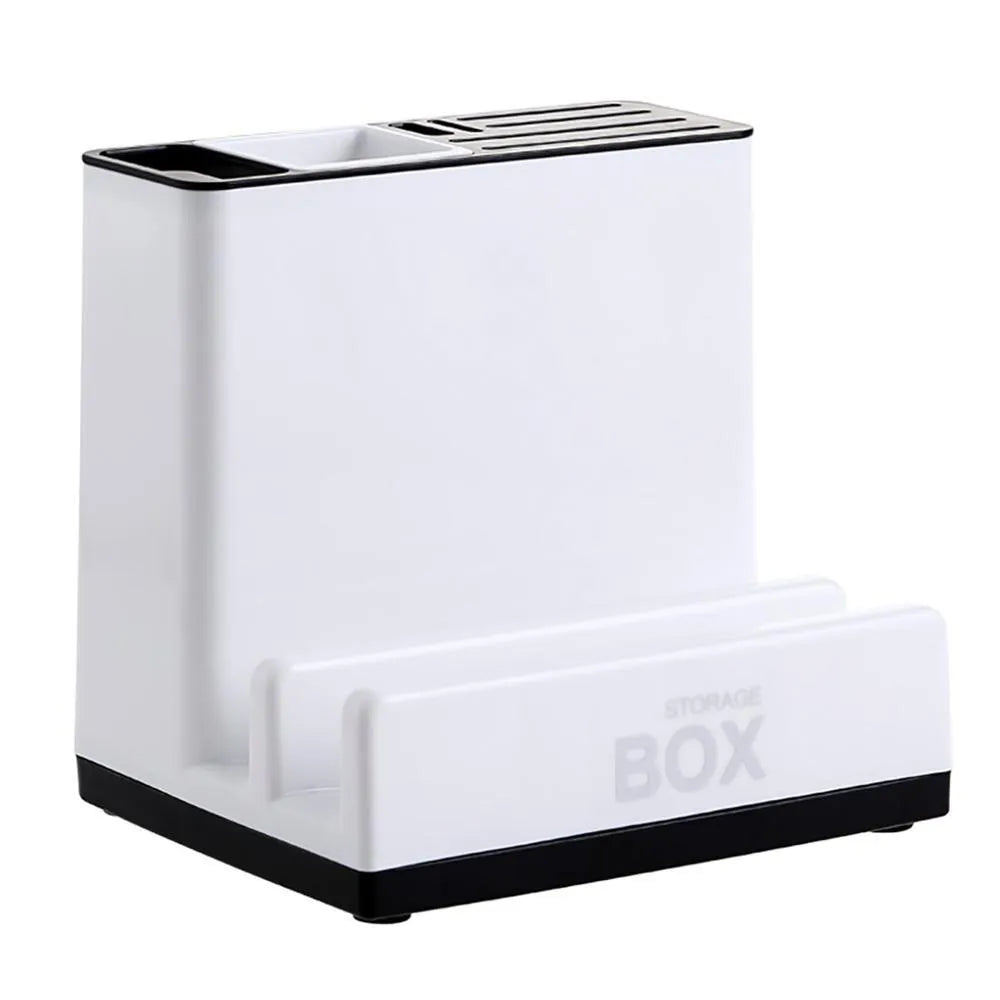 White plastic kitchen knife storage rack with integrated shelf and partitioned compartments