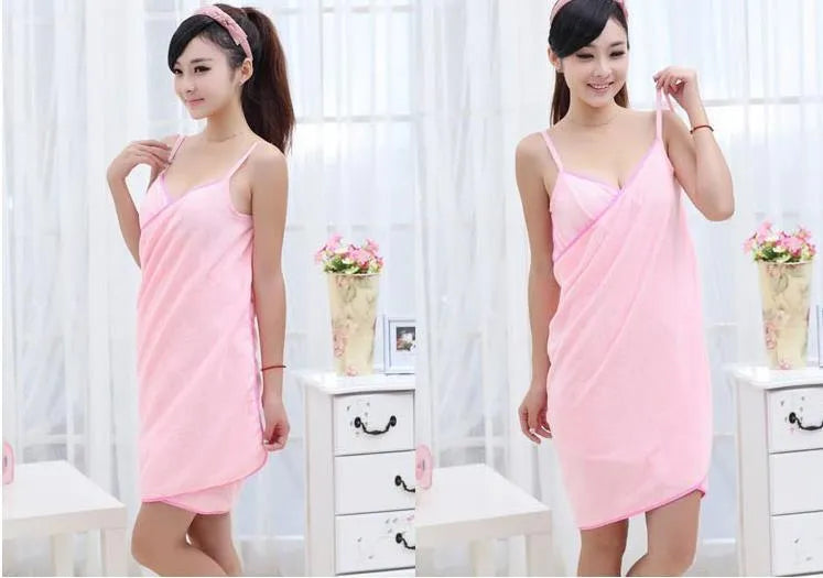 Beach dress towel shown as a wrap cover-up, available in solid pink, blue, purple, red, rose red, and white.