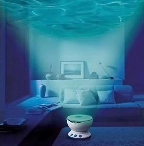 Blue fixed-mount ocean projection lamp for children's puzzle activities.