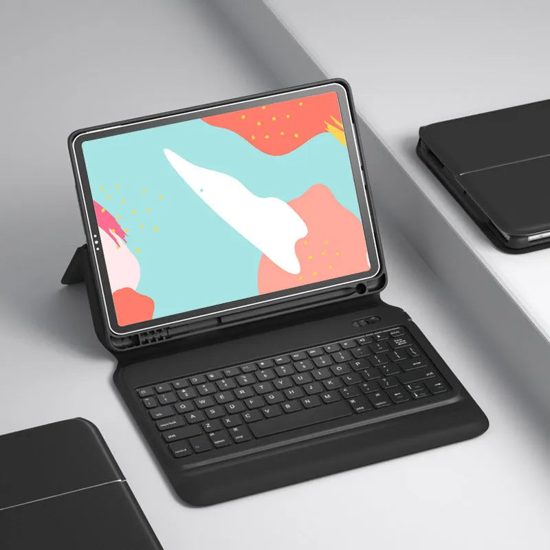 Black ultra-thin wireless Bluetooth keyboard case for iPad Air and iPad Pro in open position