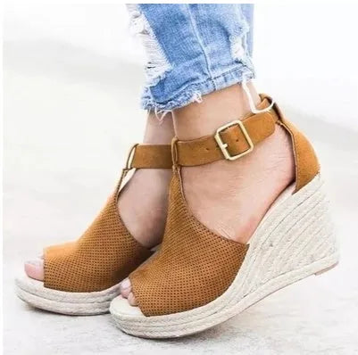 Canvas wedge sandals for women with waterproof platform, fish mouth toe, and slingback buckle in black