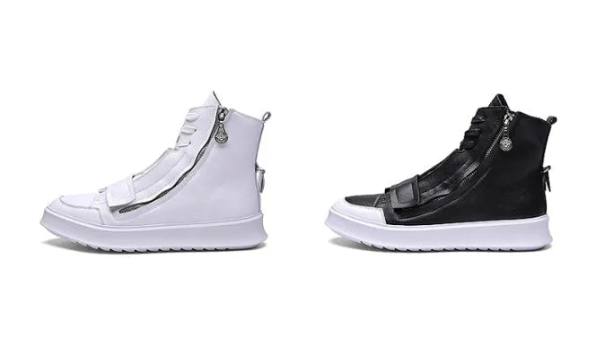 Men's black and white high-top style PU leather ankle boots on a size chart background.
