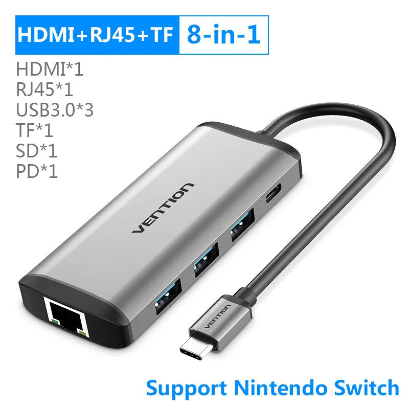 Deep grey USB-C to HDMI hub with Ethernet, USB ports, and card readers on a short cable.