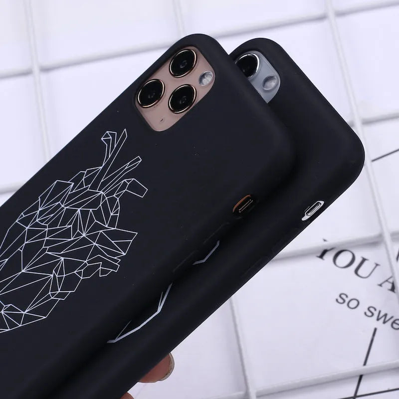A TPU phone case with a painted line art drawing of a deer on a solid colour background.
