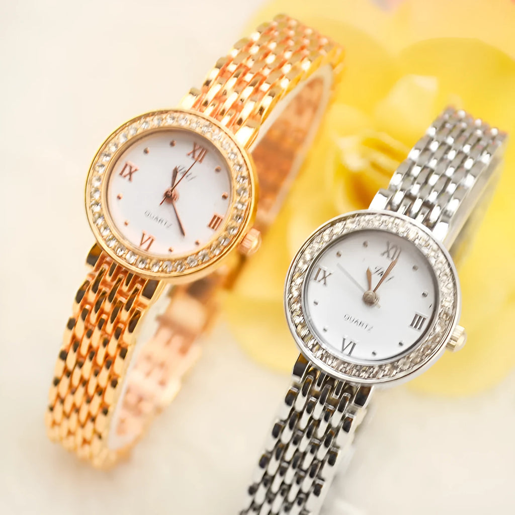 Gold alloy fashion quartz watch with rhinestone details, 20mm dial, and ordinary glass mirror on a neutral background