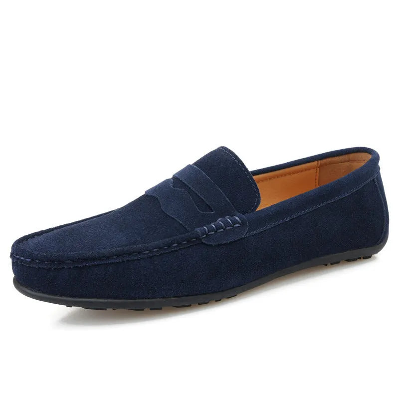 Men's solid colour cowhide suede loafers with round toe and rubber sole
