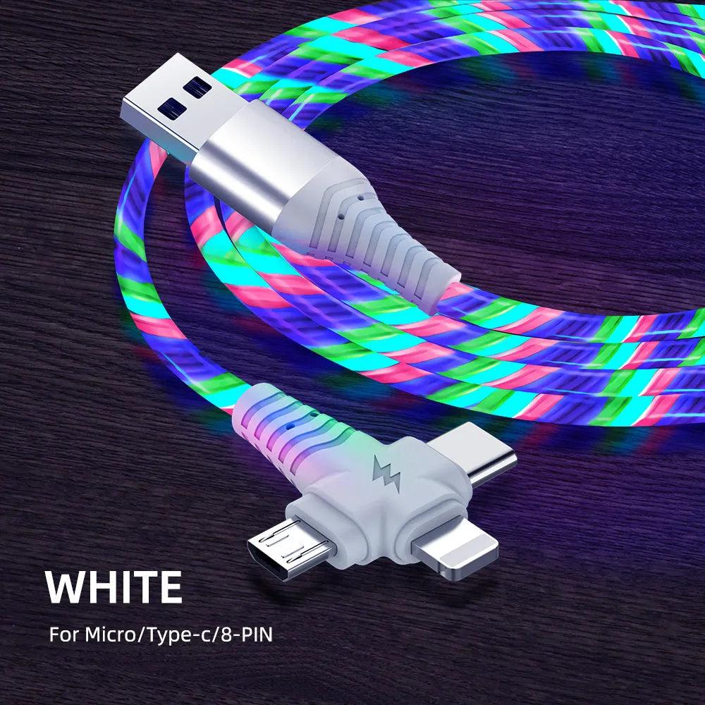 Luminous three-in-one fast charging cable with aluminium alloy connectors for USB C and Micro USB devices.
