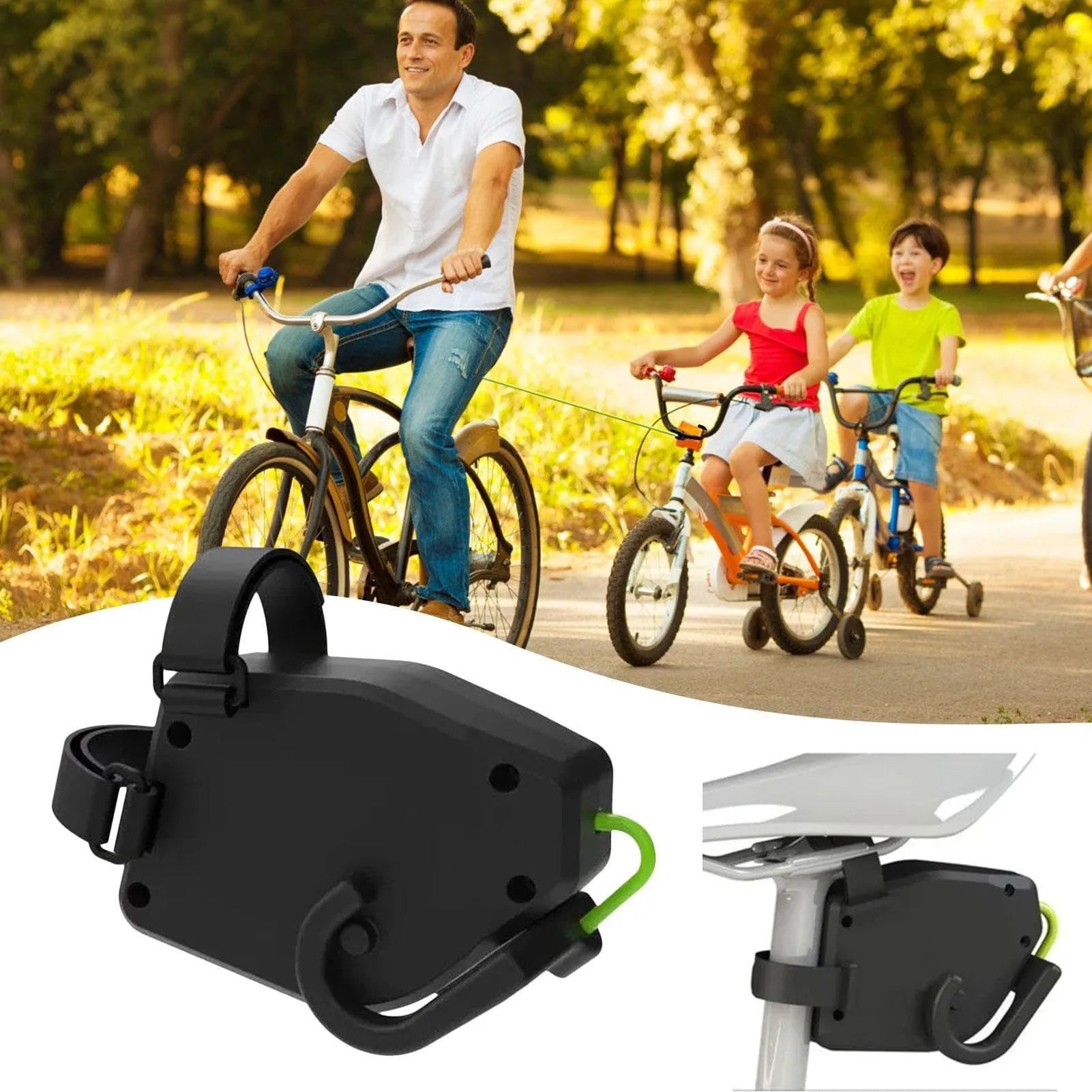 Black bike trailer tow rope with carabiner hooks for child carrier attachment