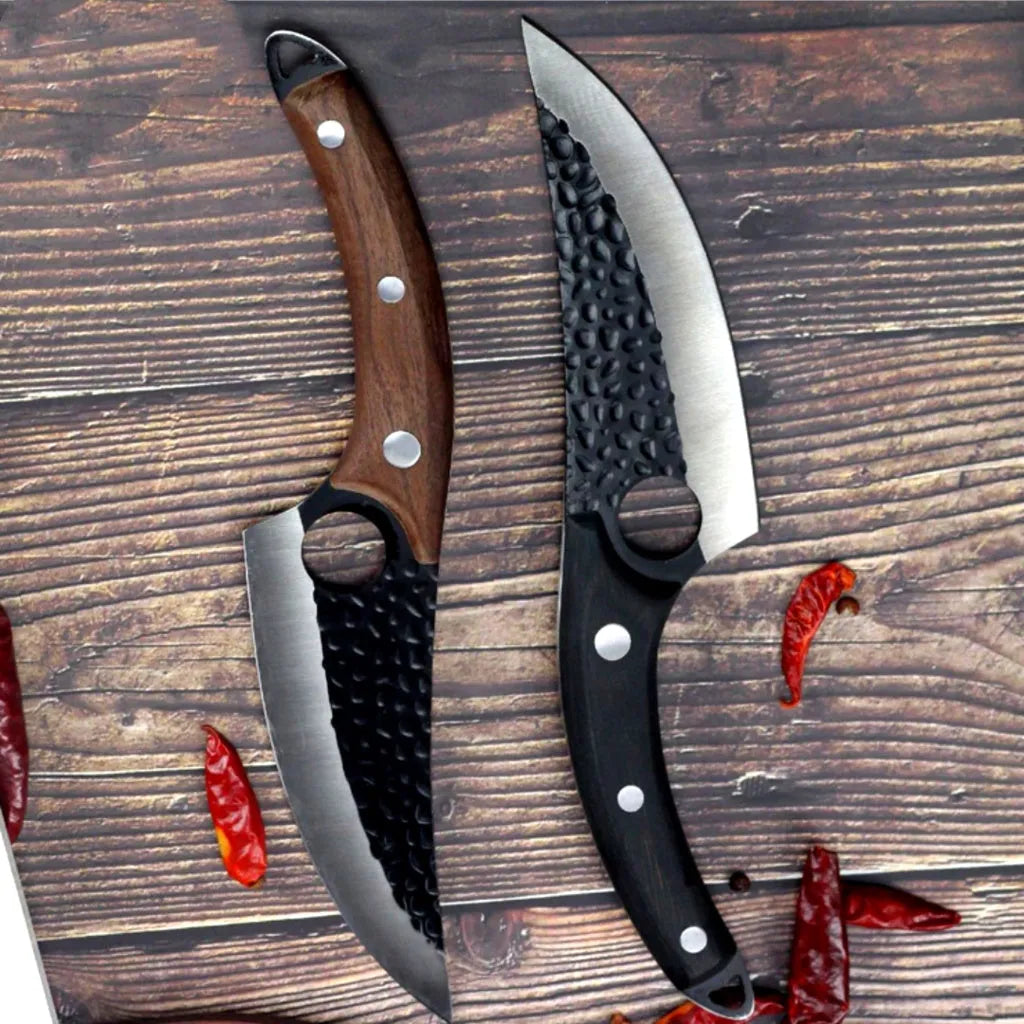 Small curved scimitar slaughter knife with leather sheath for pig butchering