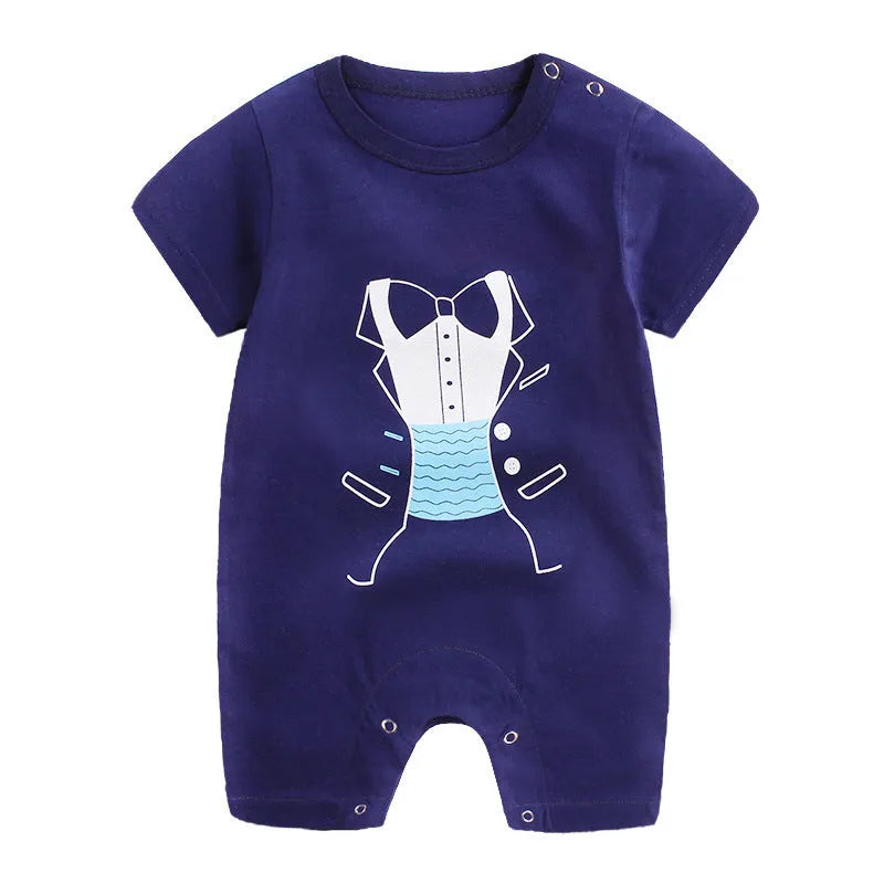 Baby one-piece cotton knit bodysuit in blue, short sleeves, lightweight summer clothing for infants