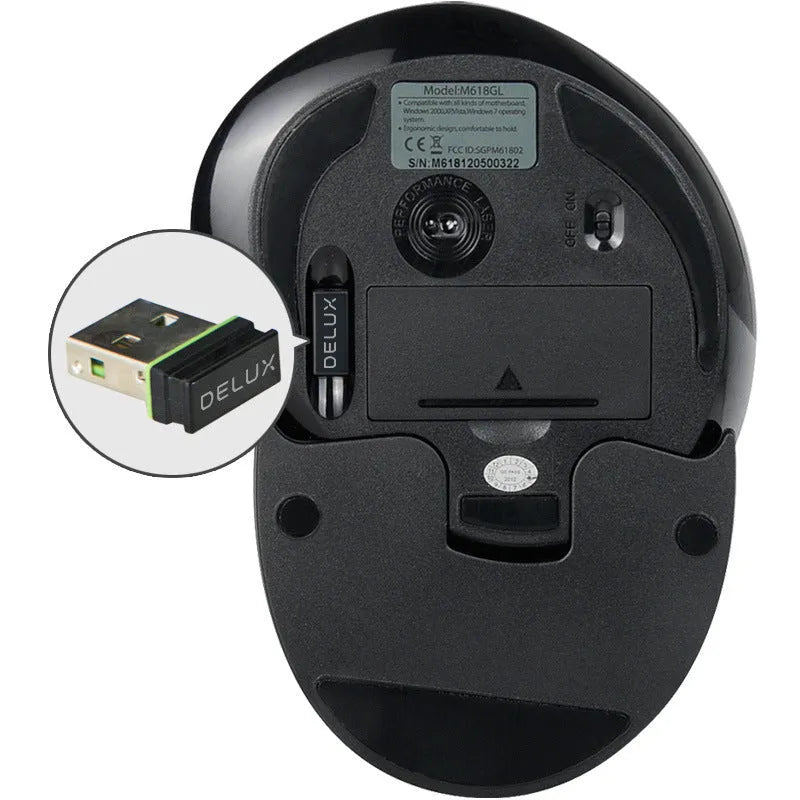 Black M618 wireless vertical ergonomic mouse on a desk, showing its contoured shape and button layout.