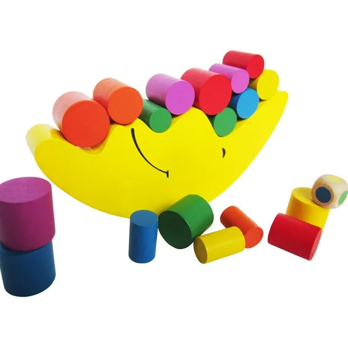 Wooden moon balance game toy in blue and yellow colours for children aged 2-4 years