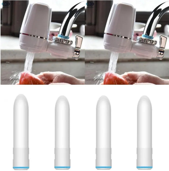 White plastic faucet water filter unit with adapters and ceramic cartridge for kitchen tap installation.