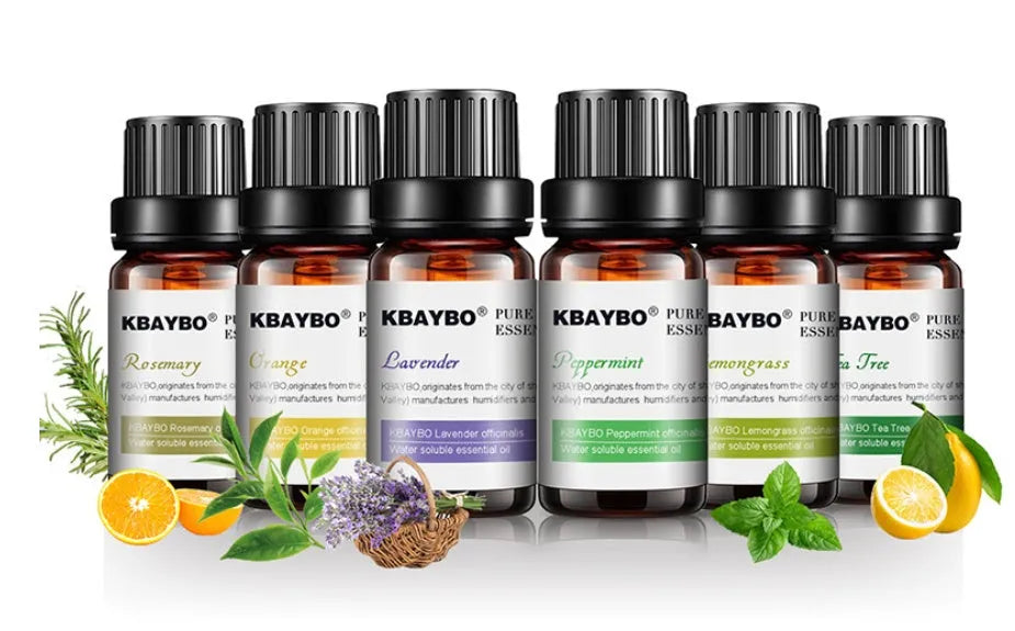 Six 10ml essential oil bottles lavender lemongrass tea tree peppermint rosemary orange for aromatherapy
