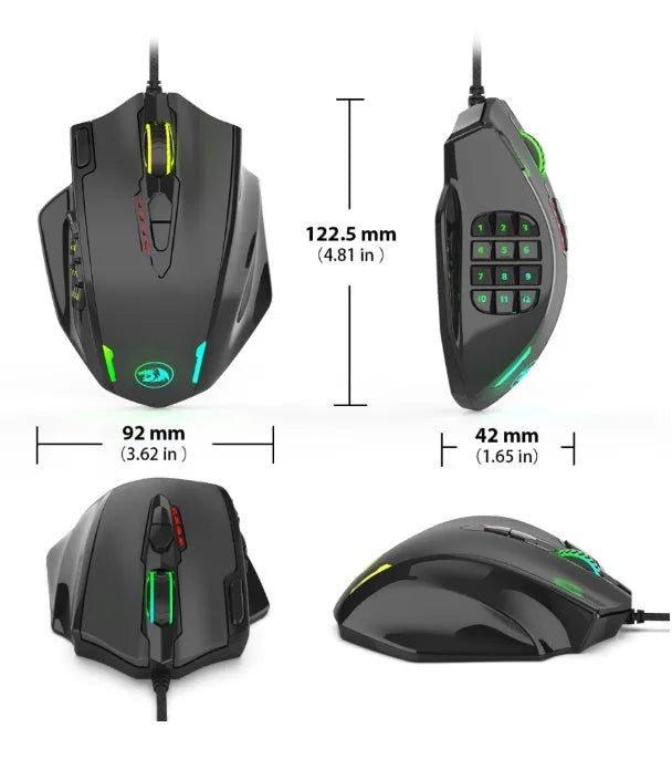 Redragon M908 One-Hander Macro Defines gaming mouse in black with ergonomic leather grip and side button cluster