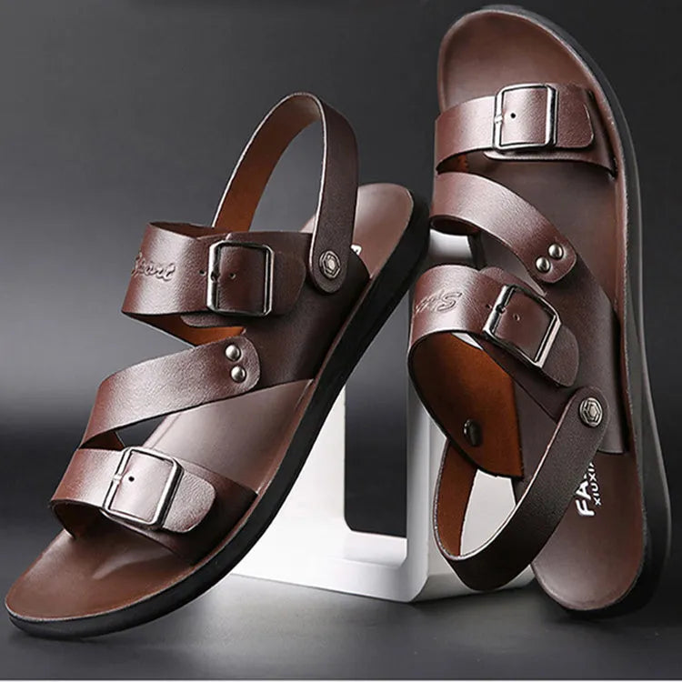 Pair of men's casual leather sandals with buckle fastening and open toe, shown in black or brown.