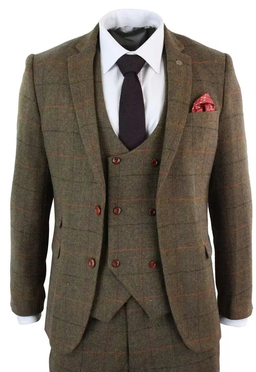Men's brown plaid three-piece suit set with coat, vest and trousers, slim fit cotton blend, sizes XS to 6XL