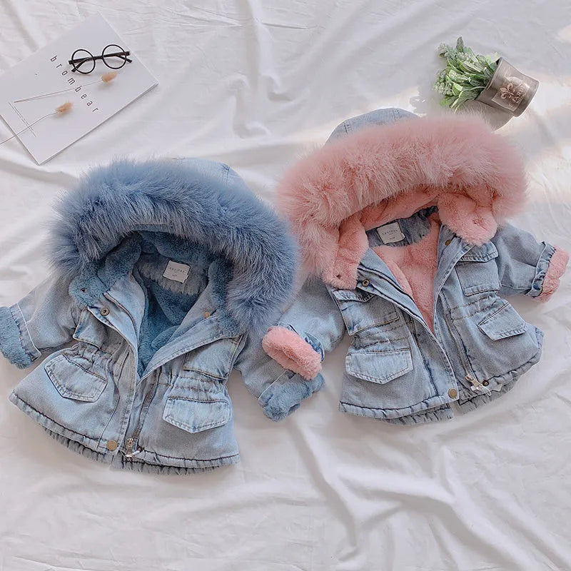 Blue denim jacket for girls with a fleece lining and attached hood.