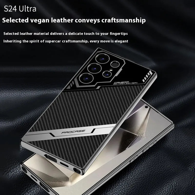 Samsung S24 Ultra and S23 Ultra phone case in electroplated TPU with leather-style finish, shown in Carbon Fibre Pattern.