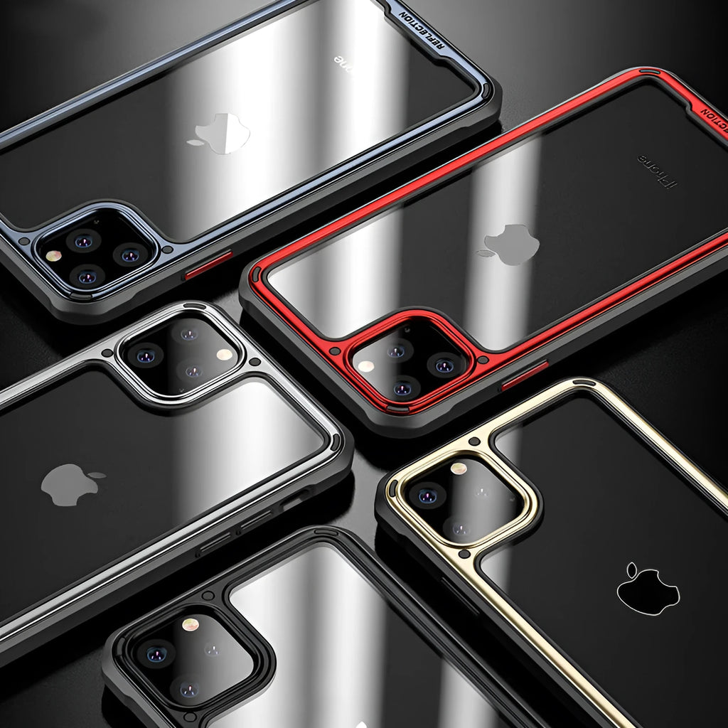 Transparent silicone phone case for iPhone 11 shown in multiple colour options.