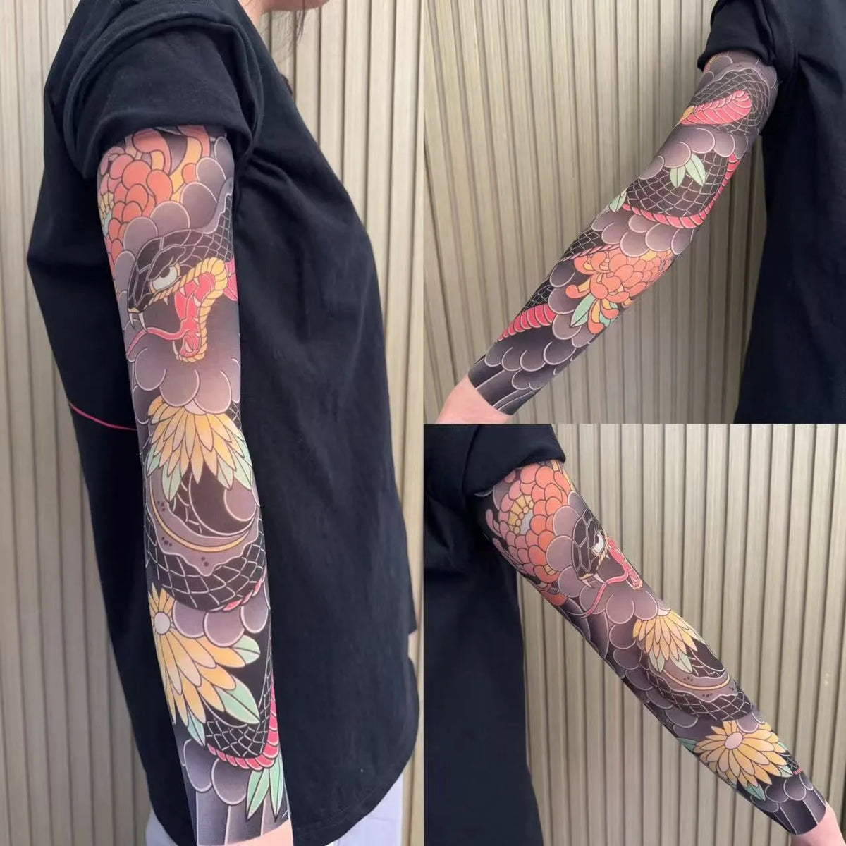 Unisex nylon sun protection ice sleeve in flower arm design with colour options like dragon, crane, and peony