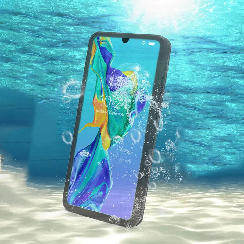 Huawei P30 series mobile phone case in black and blue colours with wave point pattern