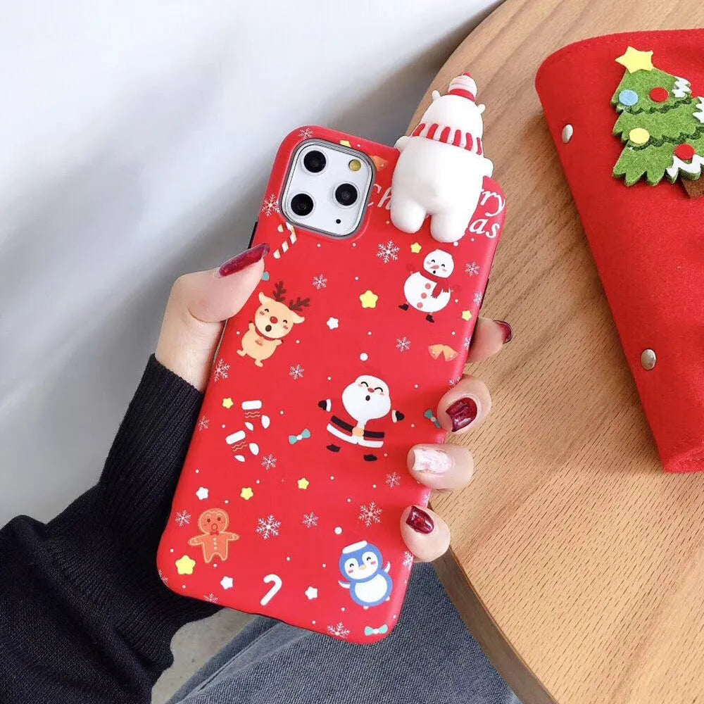 Festive Christmas silicone back cover case for various iPhone models on a red background.
