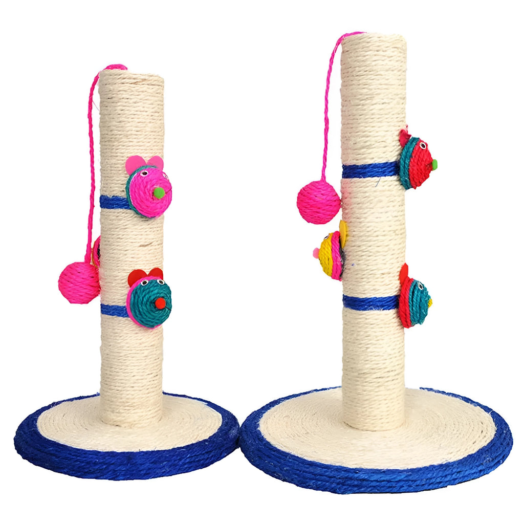 Blue sisal cat scratching post with round base and tall cylinder on a wooden floor