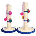 Blue sisal cat scratching post with round base and tall cylinder on a wooden floor